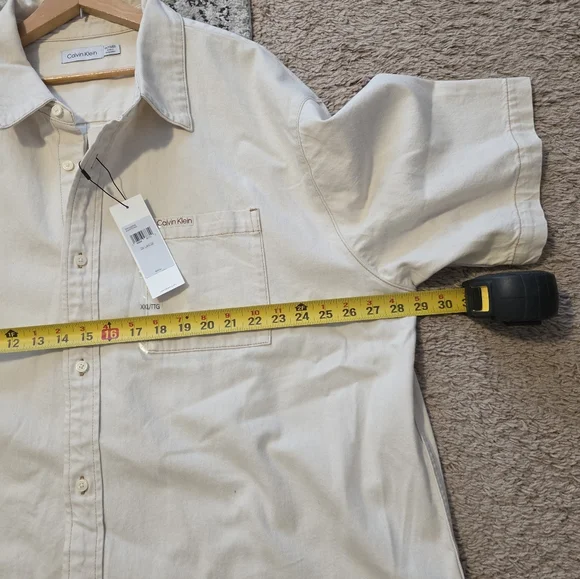 Calvin Klein Button Up Camp Shirt Collared Shortsleeve Mens XXL Cream Cotton - Picture 6 of 7